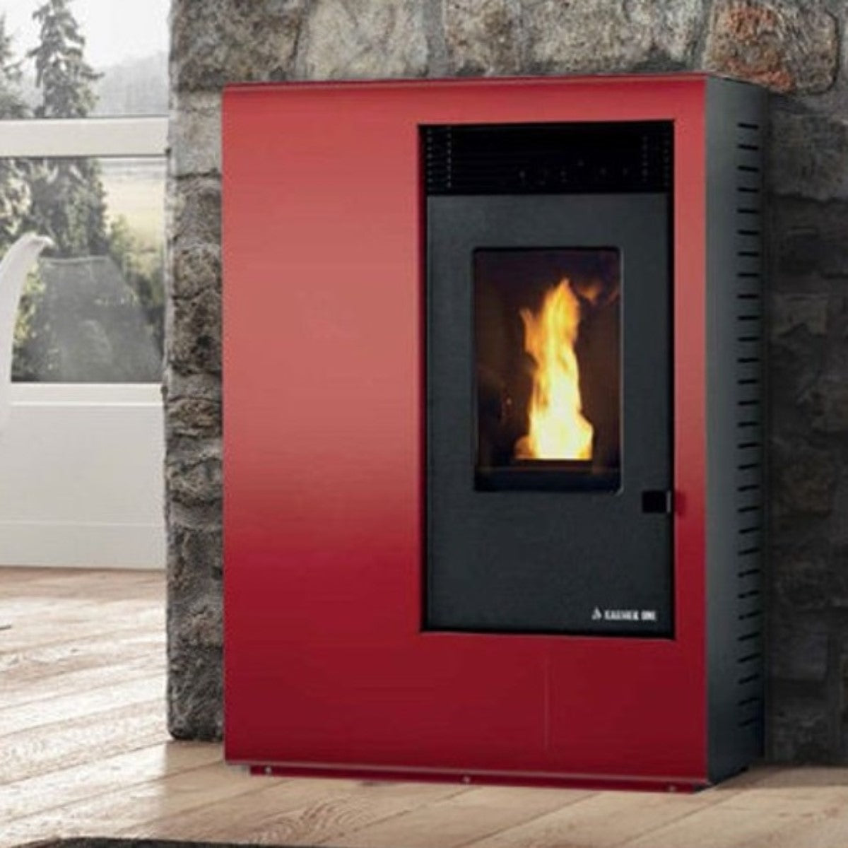 immagine-1-karmek-one-stufa-a-pellet-ad-aria-ventilata-forzata-karmek-one-modello-ibiza-s-105-kw-in-acciaio-colore-rosso