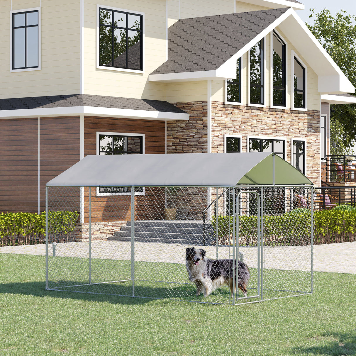 immagine-2-easycomfort-easycomfort-kennel-per-cani-in-metallo-galvanizzato-con-tettuccio-in-tessuto-oxford-e-porta-con-blocco-400x230x232cm-argento