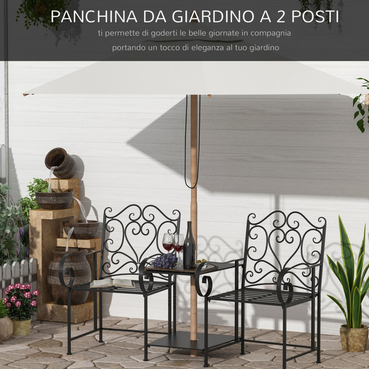 immagine-4-easycomfort-easycomfort-panchina-da-giardino-2-posti-con-tavolino-e-foro-per-ombrellone-nero-ean-8055776912837