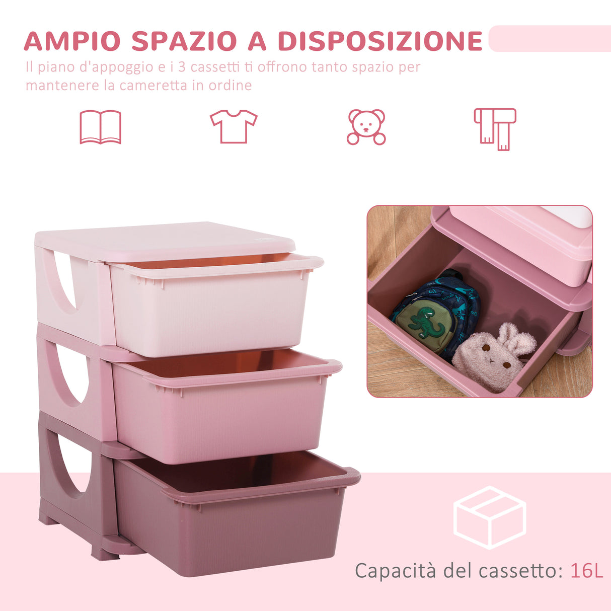 easycomfort easycomfort cassettiera in plastica colorata per cameretta con 3 cassetti 37x37x56 5cm rosa