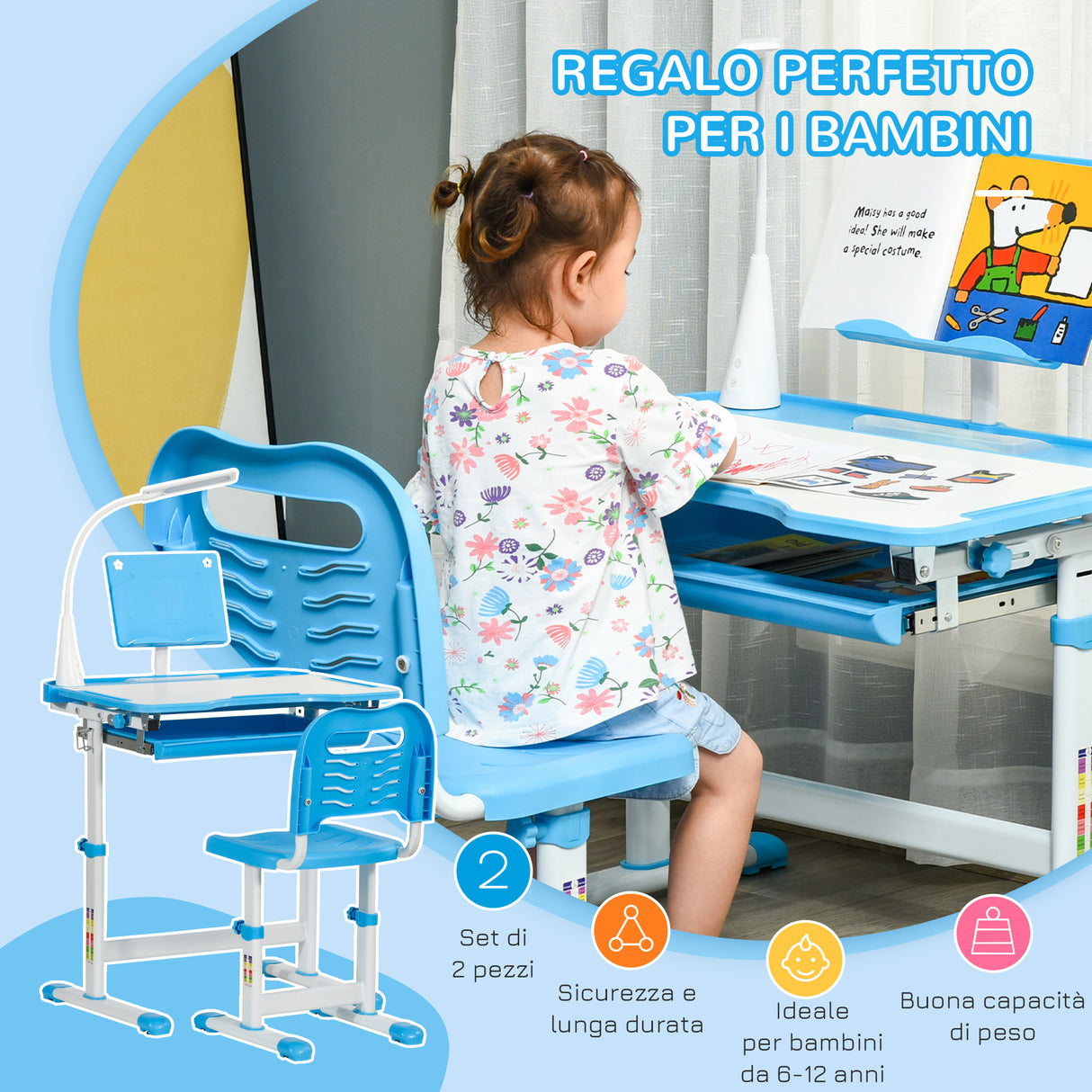 easycomfort easycomfort banco scuola con sedia per bambini 6 12 anni con altezza e inclinazione regolabile blu