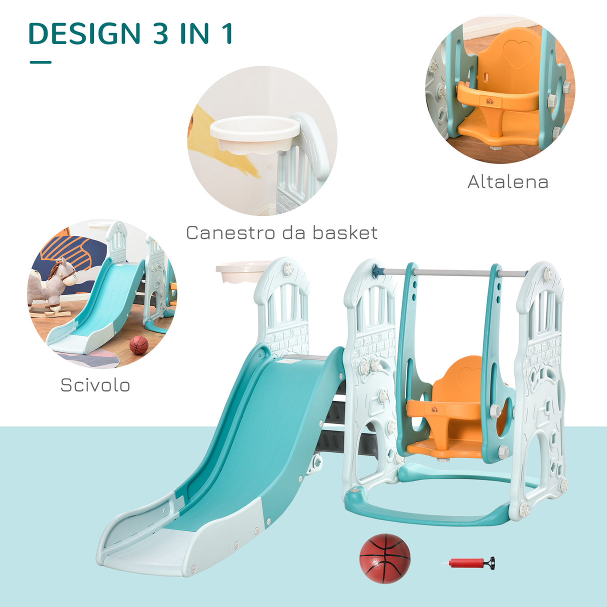 easycomfort easycomfort scivolo per bambini con altalena regolabile canestro e palle per cameretta e giardino 149x186x98cm blu e arancione