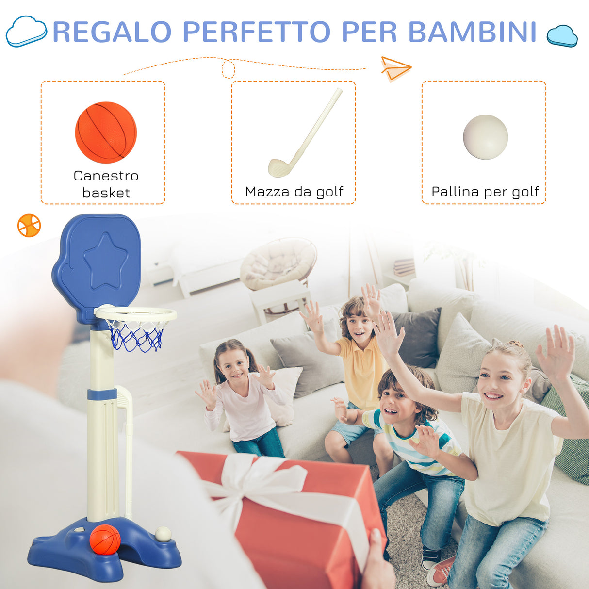 easycomfort easycomfort gioco 2 in 1 canestro per bambini con altezza regolabile e set golf eta 2 5 anni 46x41x116 153cm bianco e blu