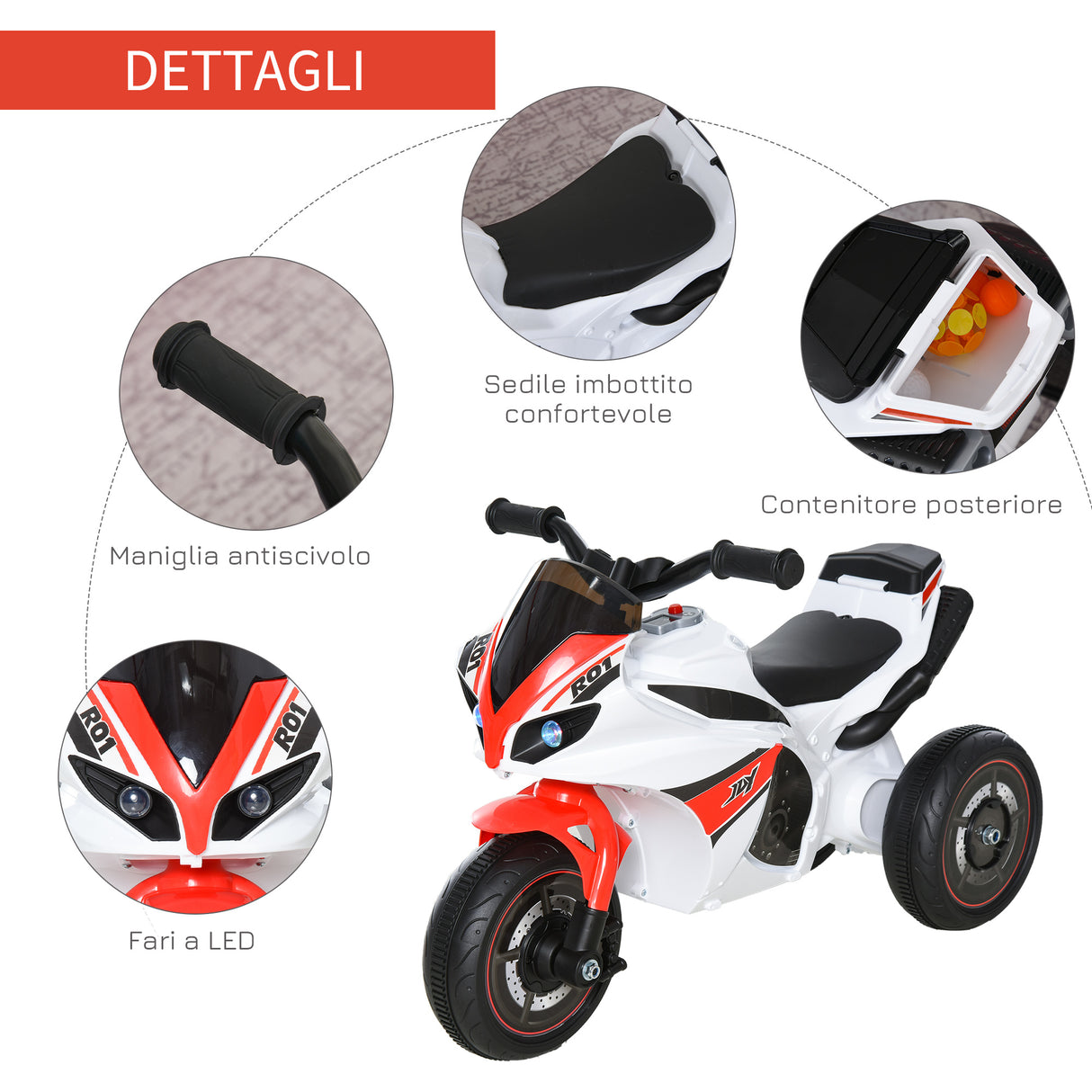 easycomfort easycomfort moto a 3 ruote per bambini 18 36 mesi con musica fari senza pedale in pp metallo bianca rossa