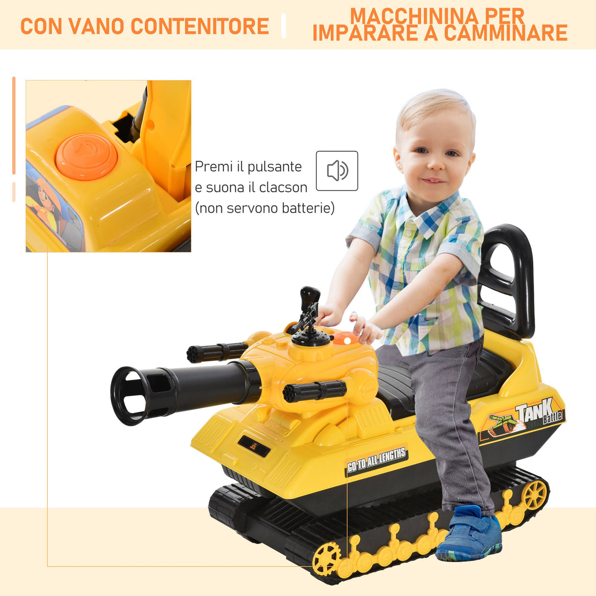 easycomfort easycomfort carro armato bambini con cannone spara palline e vano contenitore giochi cavalcabili per bambini 3 anni 68cmx24cmx41 5cm giallo