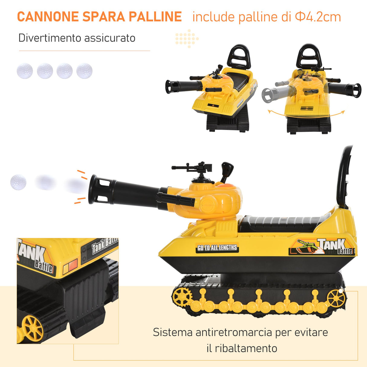 easycomfort easycomfort carro armato bambini con cannone spara palline e vano contenitore giochi cavalcabili per bambini 3 anni 68cmx24cmx41 5cm giallo