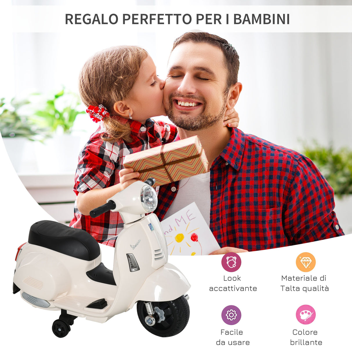 easycomfort easycomfort moto elettrica per bambini con licenza ufficiale vespa batteria 6v fari e clacson per bimbi da 18 36 mesi bianco 66 5x38x52cm