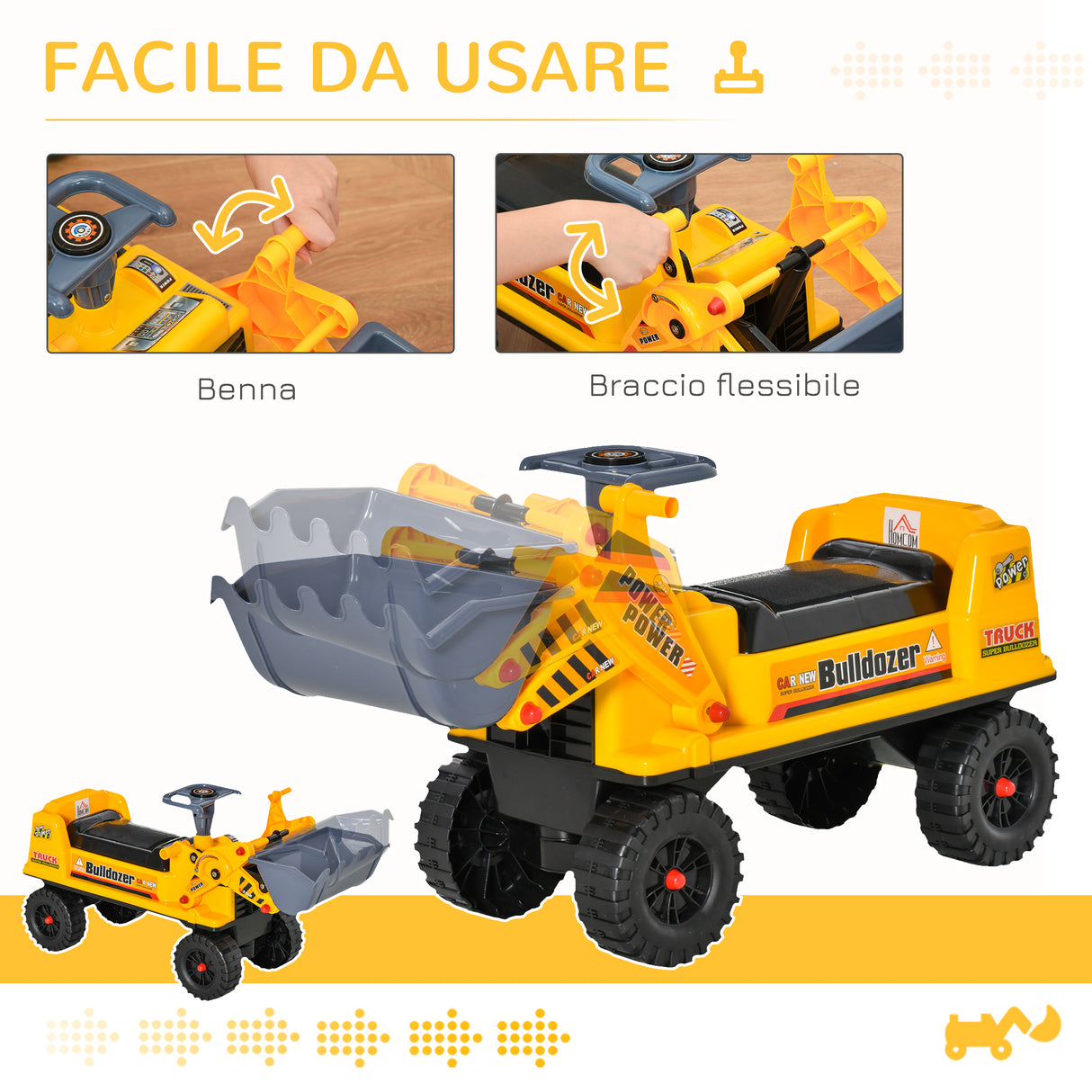 easycomfort easycomfort ruspa giocattolo con volante escavatore manuale e vano nascosto gioco cavalcabile bambini 2 3 anni 70x26x37cm giallo
