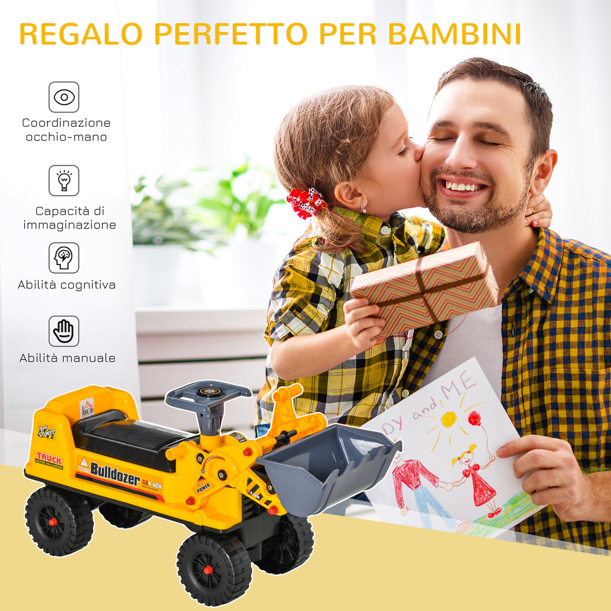 easycomfort easycomfort ruspa giocattolo con volante escavatore manuale e vano nascosto gioco cavalcabile bambini 2 3 anni 70x26x37cm giallo