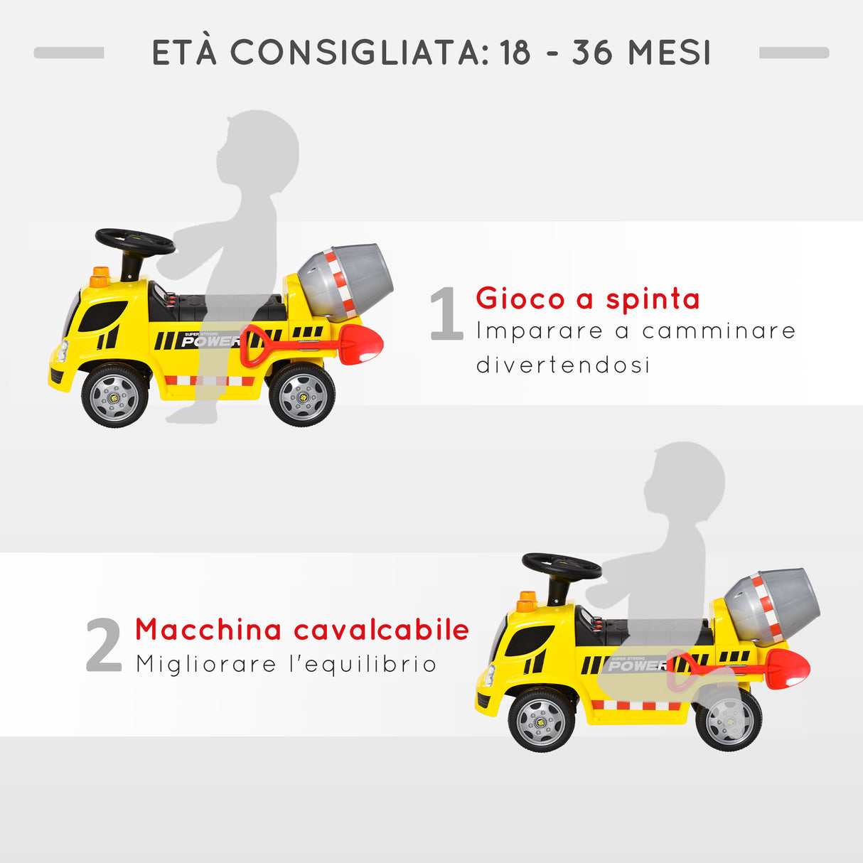 easycomfort easycomfort macchina per bambini cavalcabile 2 in 1 con betoniera luci e suoni eta 18 36 mesi 78x28 2x42cm giallo