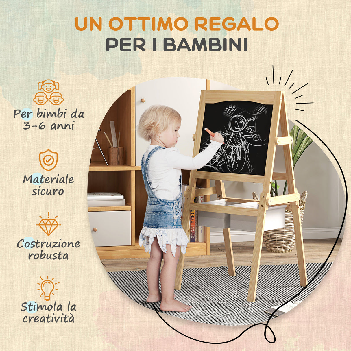 easycomfort easycomfort lavagna per bambini con cavalletto 3 in 1 e cestini eta 3 6 anni 58x50 5x109cm color legno