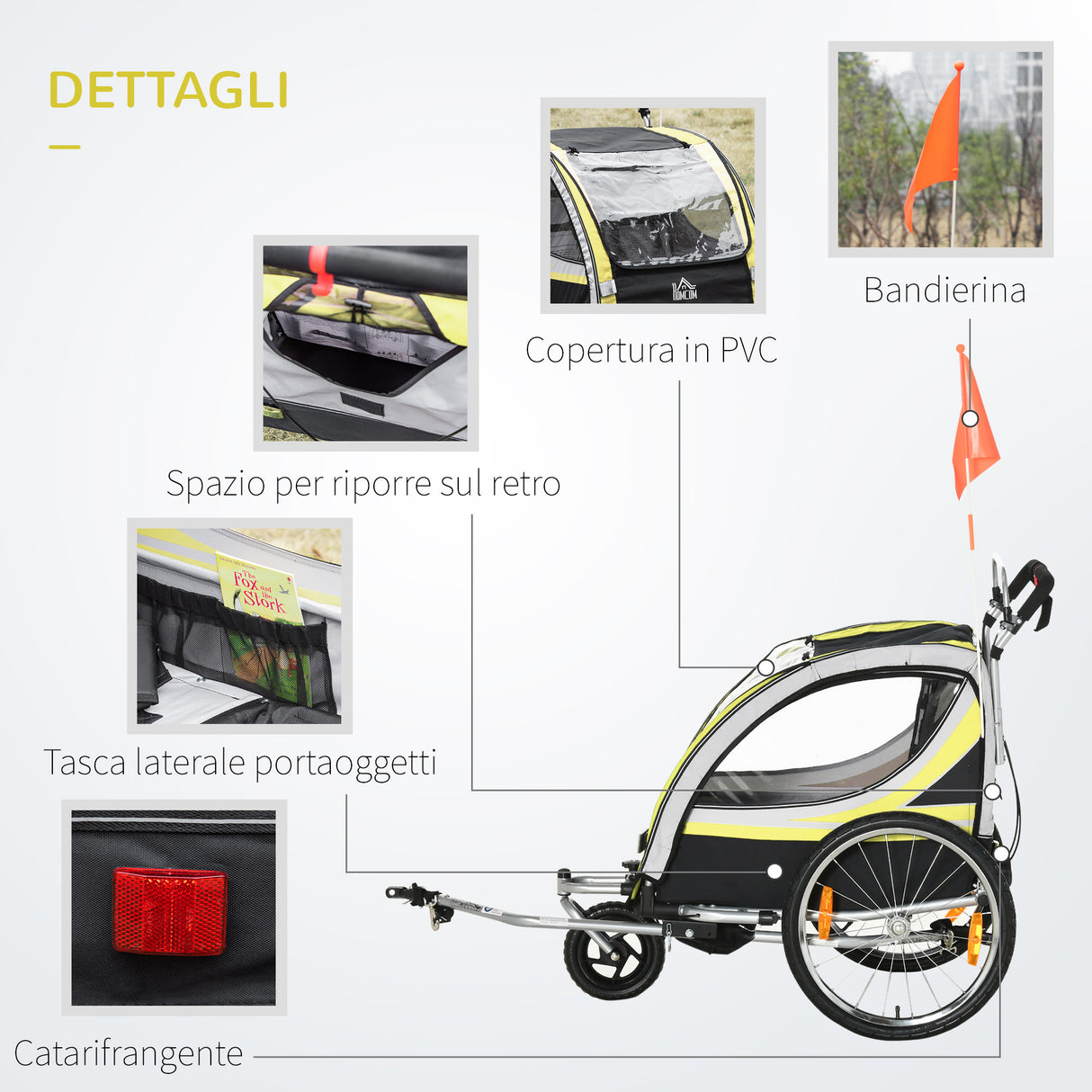 easycomfort rimorchio per bicicletta per 2 bambini 2 in 1 passeggino con cinture di sicurezza catarifrangenti e bandierina giallo