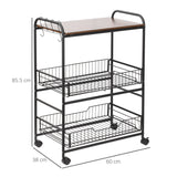 easycomfort easycomfort carrello da cucina portavivande stile industriale con 4 ruote 2 cestini e 4 ganci 60x38x85 5cm marronenero