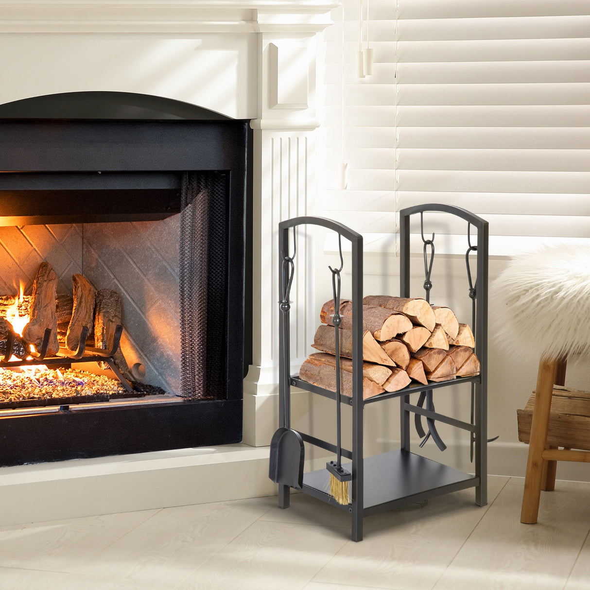 easycomfort easycomfort portalegna con set attrezzi per il camino in acciaio nero 40 x 30 x 74.5cm