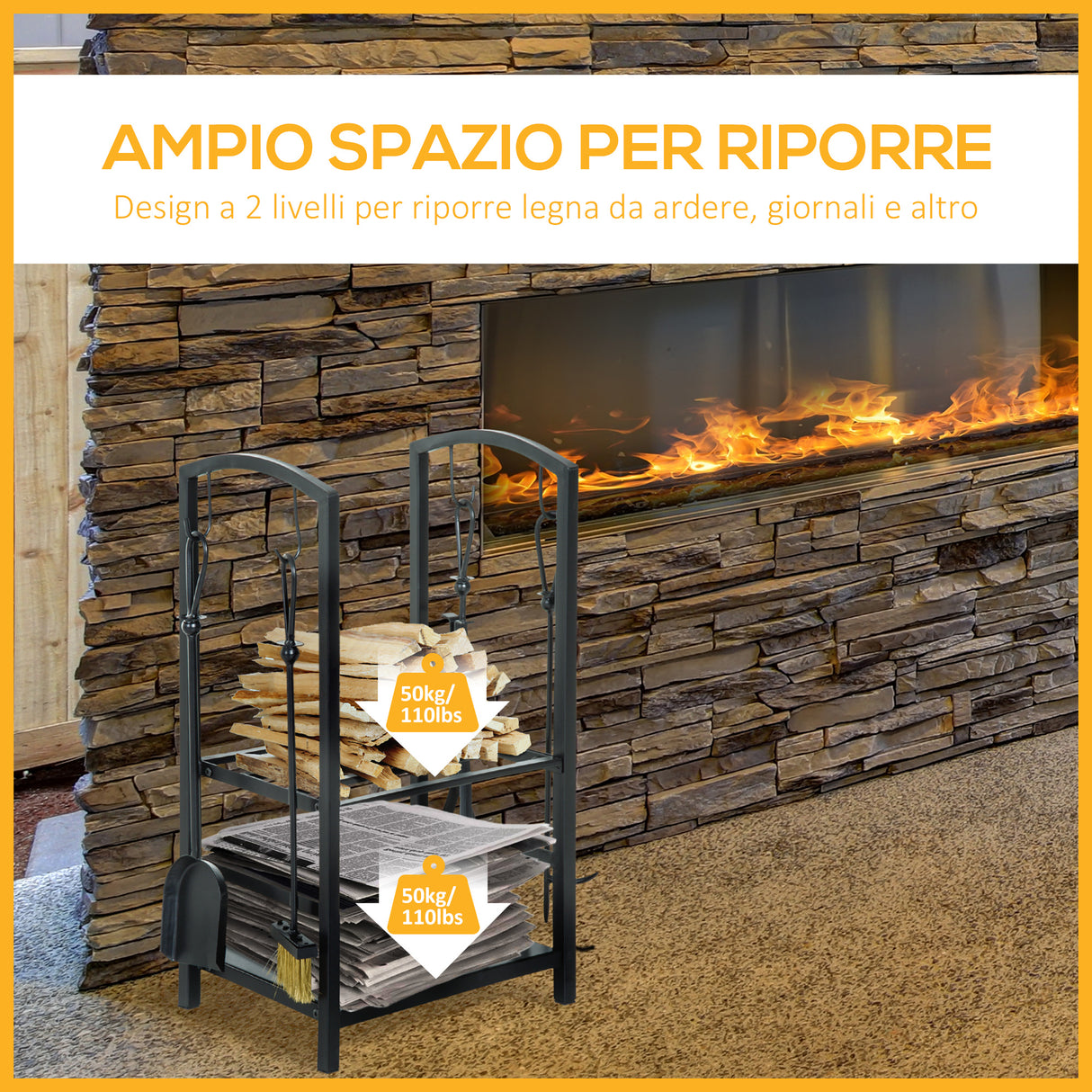 easycomfort easycomfort portalegna con set attrezzi per il camino in acciaio nero 40 x 30 x 74.5cm