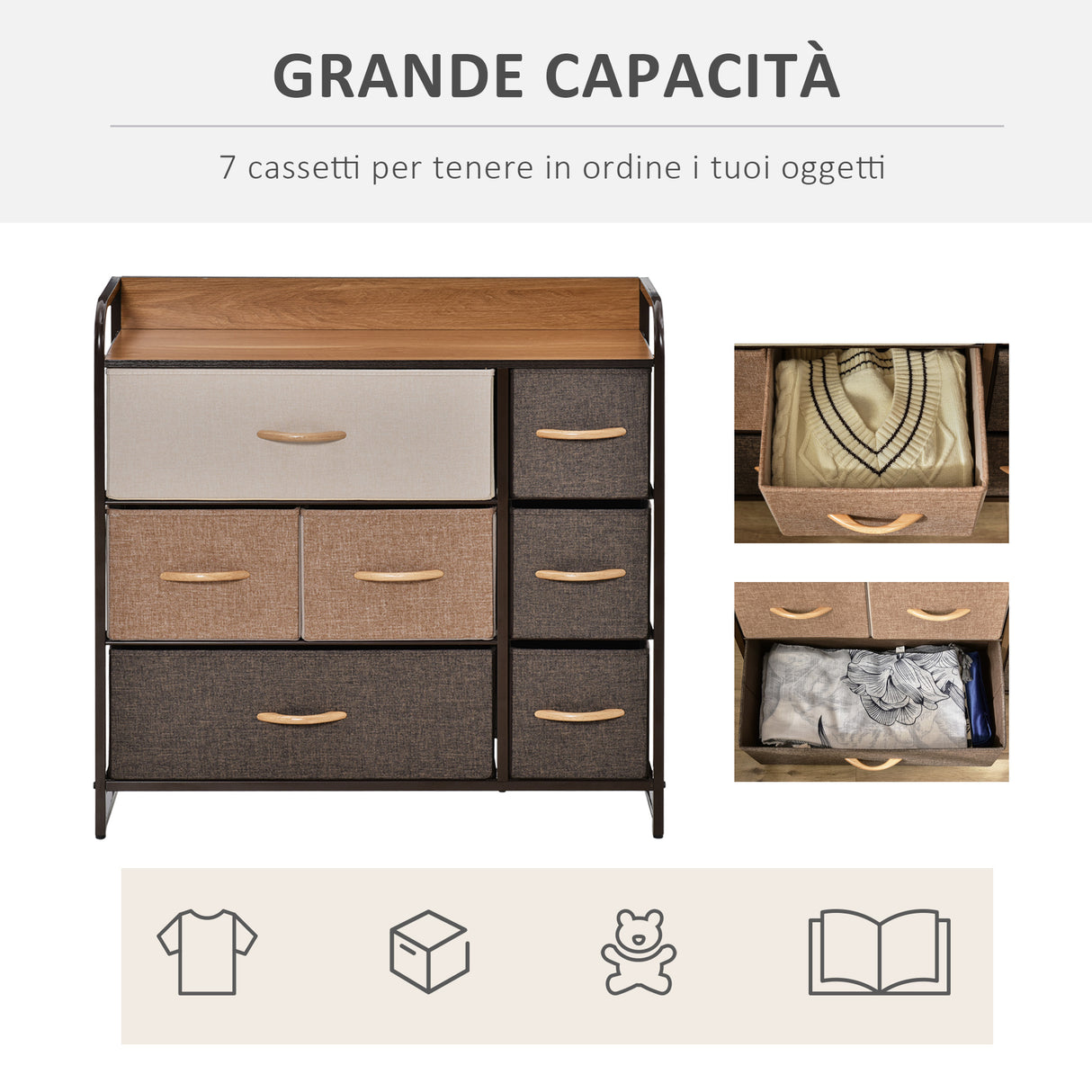 easycomfort easycomfort cassettiera 7 cassetti pieghevoli in tessuto e ripiano in mdf arredamento soggiorno e camera 80x29x78 5cm multicolore