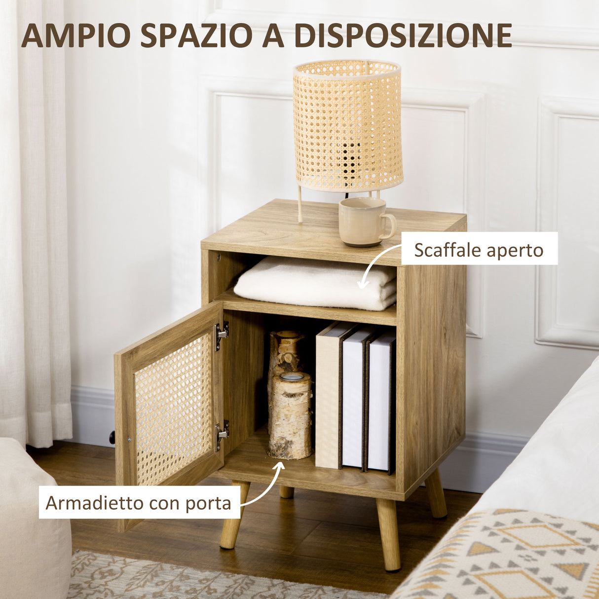 easycomfort easycomfort set 2 comodini in stile boho con armadietto e ripiano aperto in truciolato rattan e mdf 39x35x60 cm