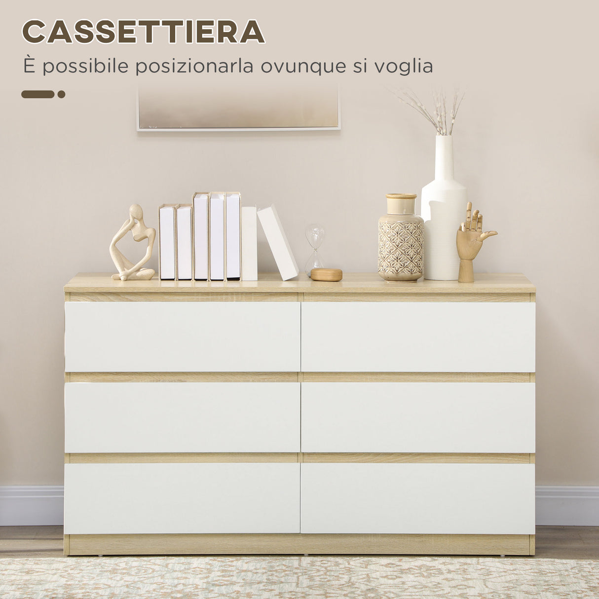 easycomfort easycomfort cassettiera 6 cassetti moderna in legno 135x48x77cm bianco e colore legno