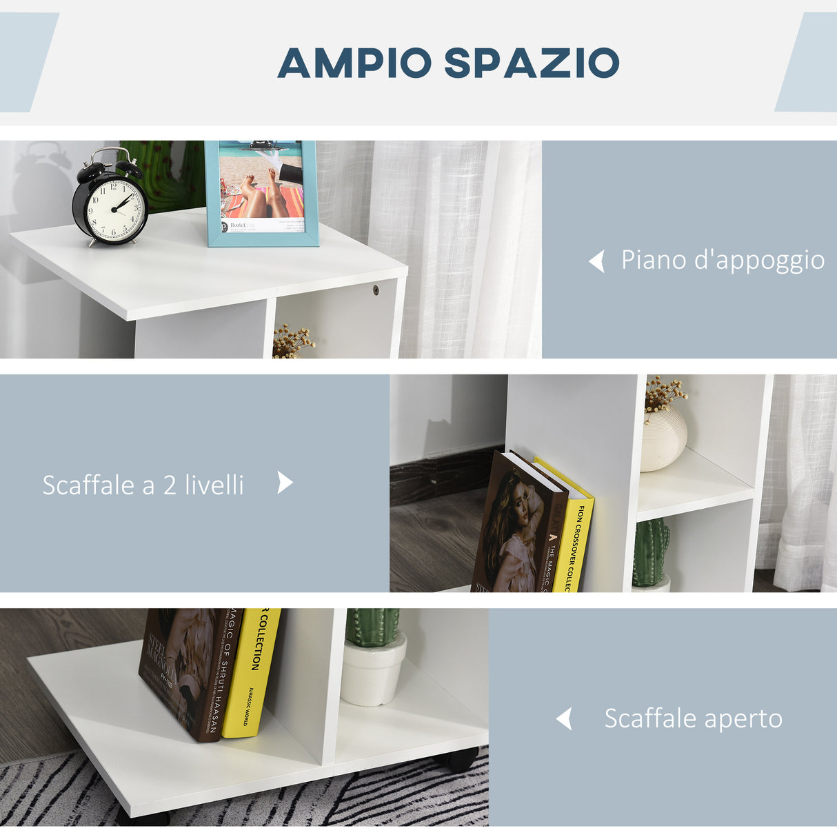 easycomfort easycomfort tavolino da salotto a c con 2 ripiani aperti e 4 ruote girevoli in truciolato 45x35x58cm bianco