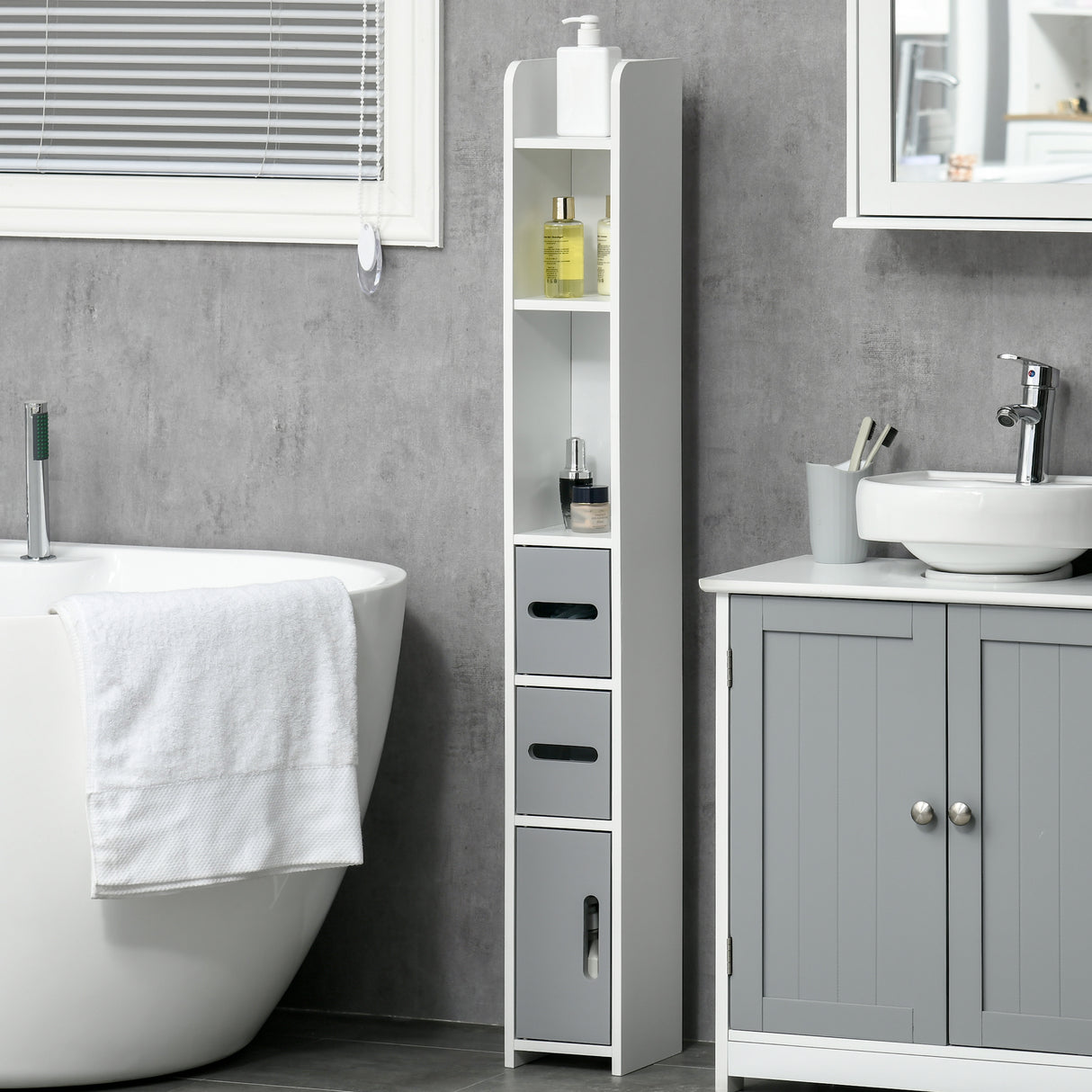 easycomfort easycomfort colonna bagno con mensole e armadietti mobile alto salvaspazio in legno 15x17x120cm bianco e grigio