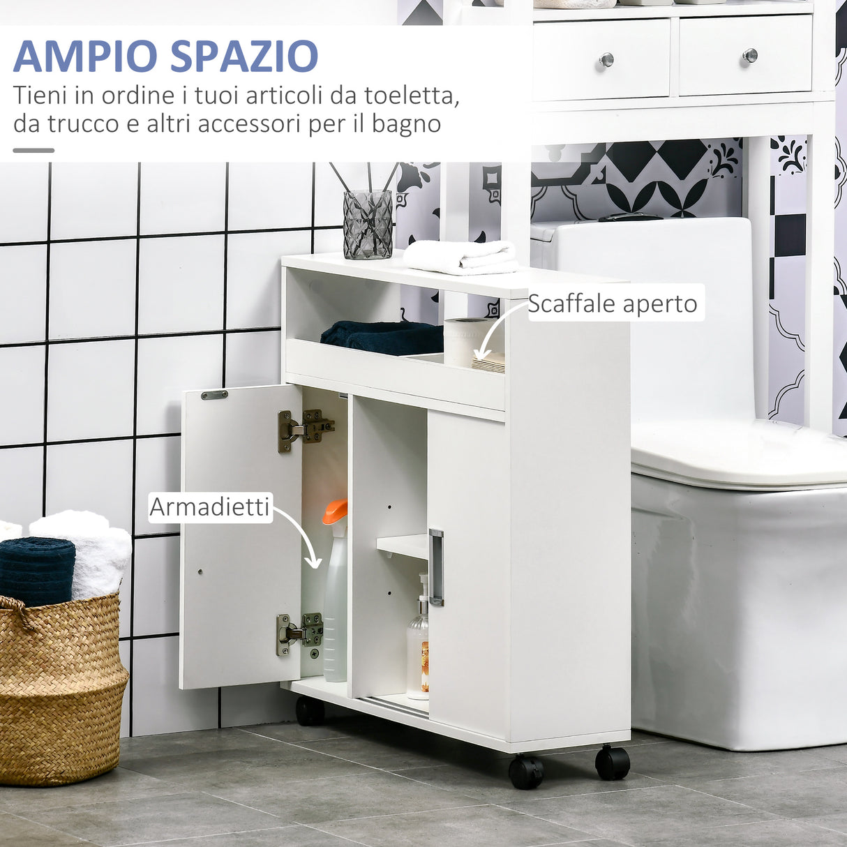 easycomfort easycomfort mobiletto bagno con porte scorrevoli ripiano regolabile e 4 ruote in truciolato e lega di alluminio 70x20x71cm