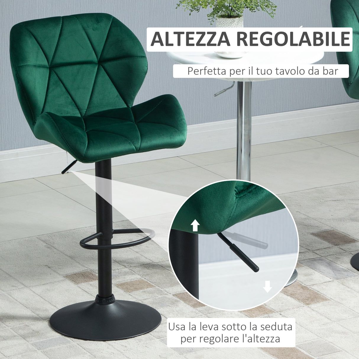 easycomfort easycomfort set 2 sgabelli da bar altezza regolabile con base in metallo e seduta in velluto sgabelli moderni con schienale e poggiapiedi 46x48x83 104cm verde