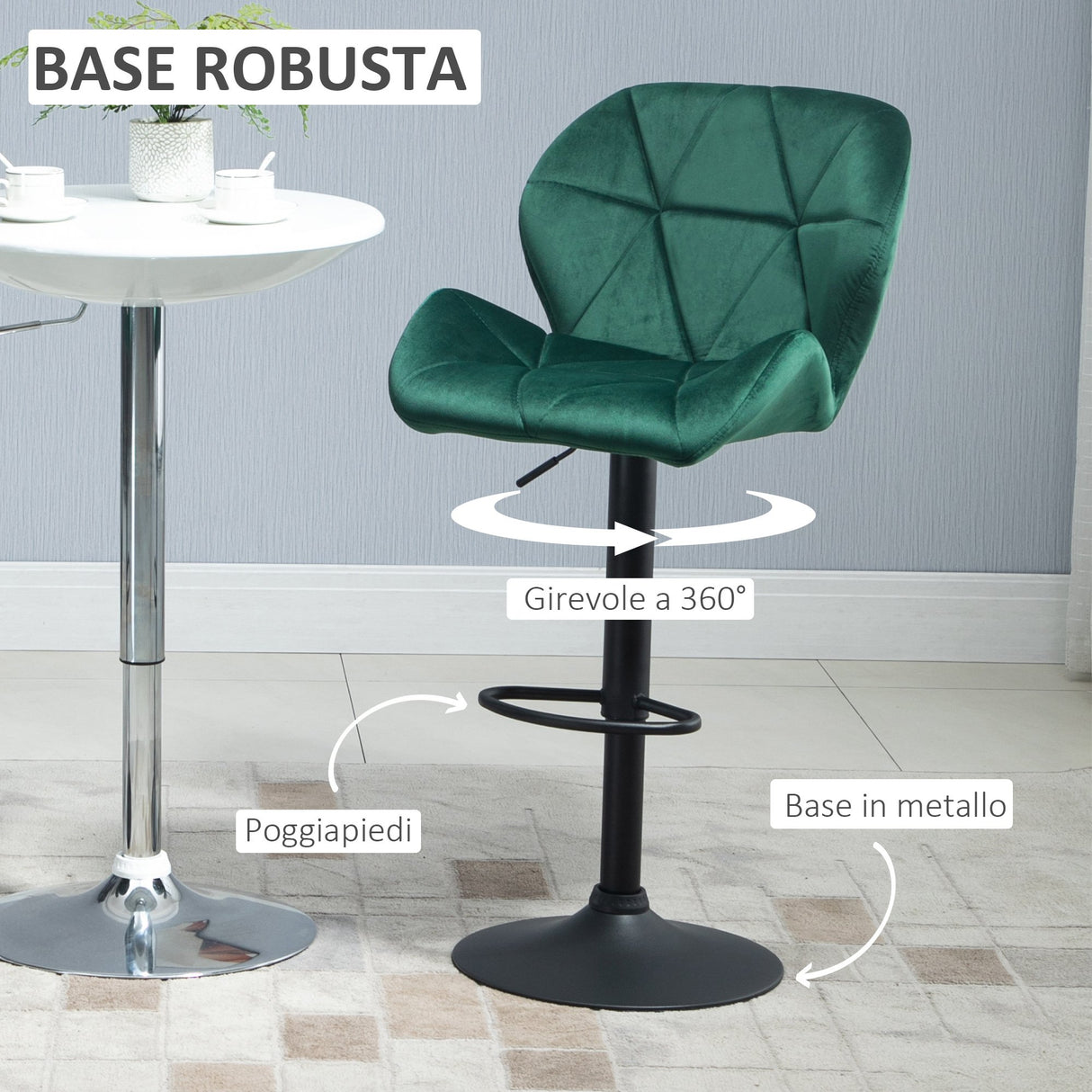 easycomfort easycomfort set 2 sgabelli da bar altezza regolabile con base in metallo e seduta in velluto sgabelli moderni con schienale e poggiapiedi 46x48x83 104cm verde