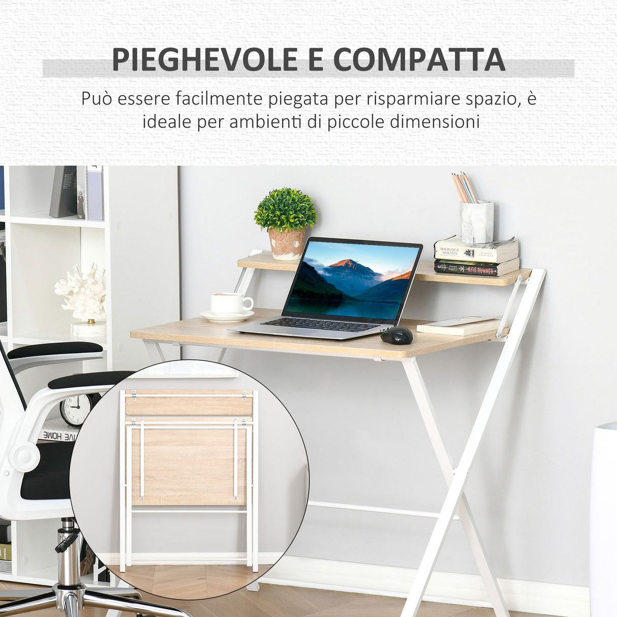 easycomfort easycomfort scrivania pieghevole salvaspazio con mensola superiore per camera e ufficio 81 5x70x84cm color legno e bianco