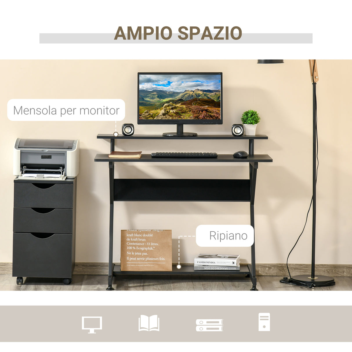 easycomfort easycomfort tavolo porta pc salvaspazio con ripiano monitor rialzato 100x60x85 5cm legno nero