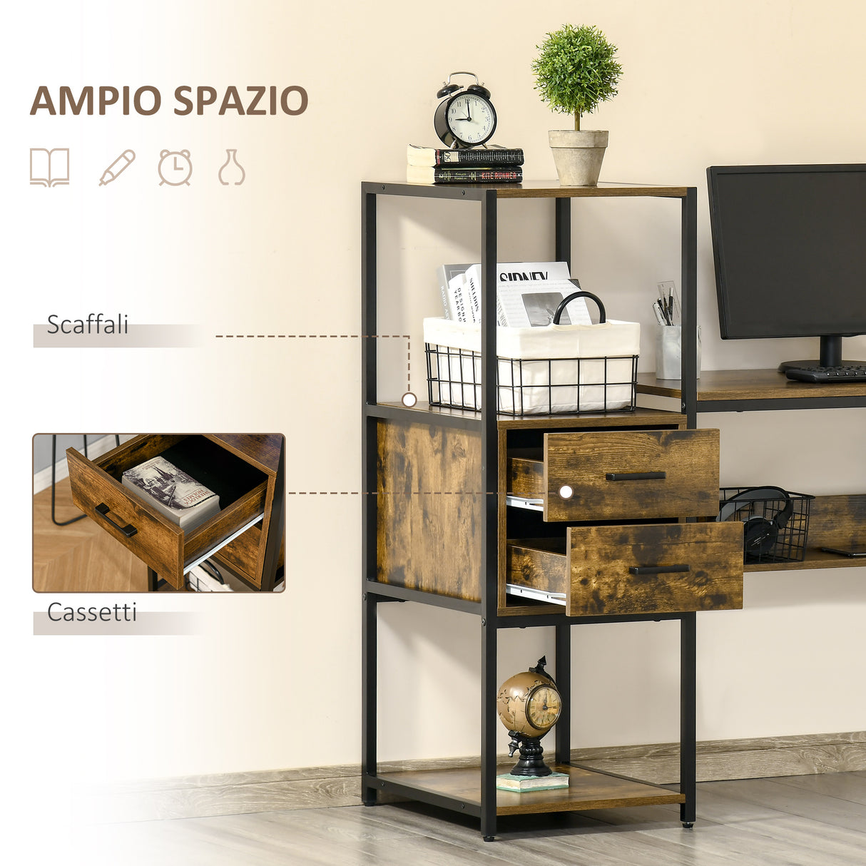 easycomfort easycomfort scrivania pc con scaffale e cassetti in legno truciolato e acciaio 140x50x110cm