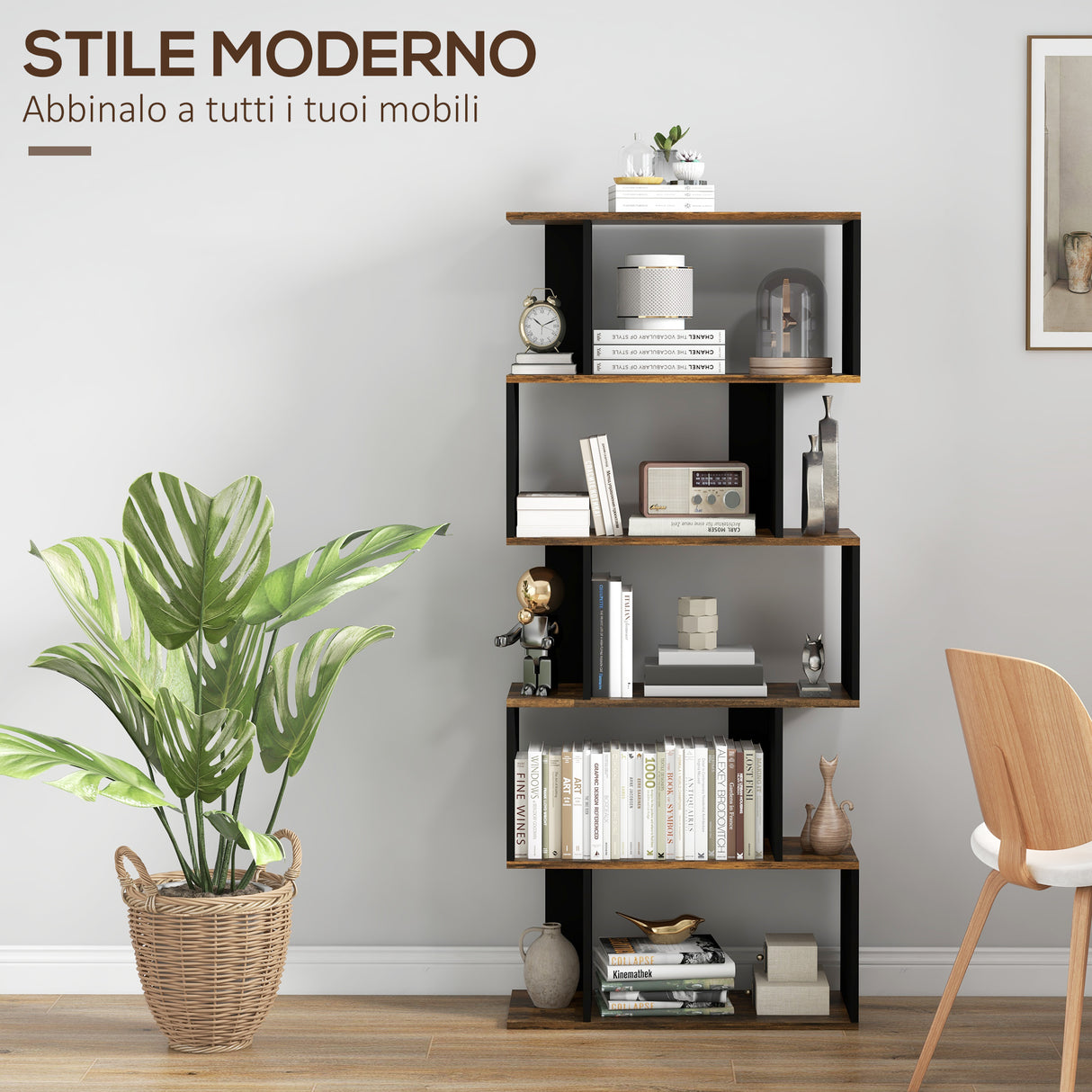 easycomfort easycomfort libreria moderna asimmetrica a parete con 5 ripiani in legno 70x29 5x163cm marrone rustico
