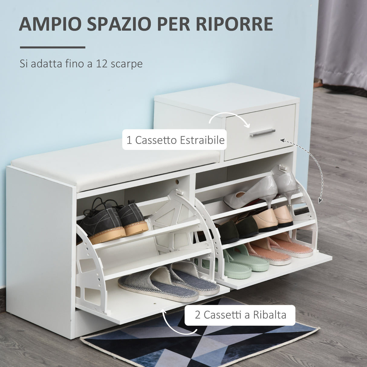 easycomfort easycomfort scarpiera portascarpe robusta design moderno 12 paia di scarpe sedile con cuscino da ingresso in legno truciolato 945 x 57 x 30 cm bianco ean 8054144131733
