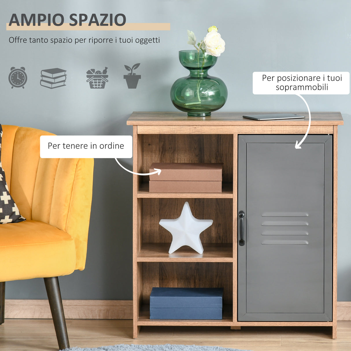 easycomfort easycomfort mobiletto multiuso con ripiani e armadietto in legno con anta in metallo mobile per soggiorno e cucina 80x35x82cm marrone grigio