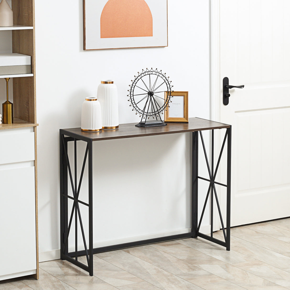easycomfort easycomfort tavolo consolle da ingresso stile industriale pieghevole in legno e metallo 100x38x80cm marrone