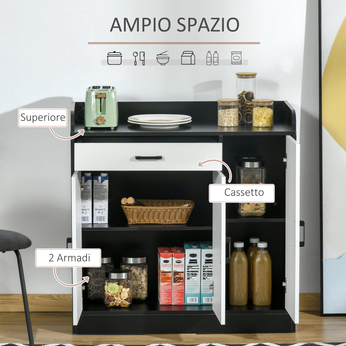 easycomfort easycomfort mobiletto da cucina moderno in mdf con 2 armadietti 1 cassetto e ripiani regolabili 90x40x90 cm bianco e nero