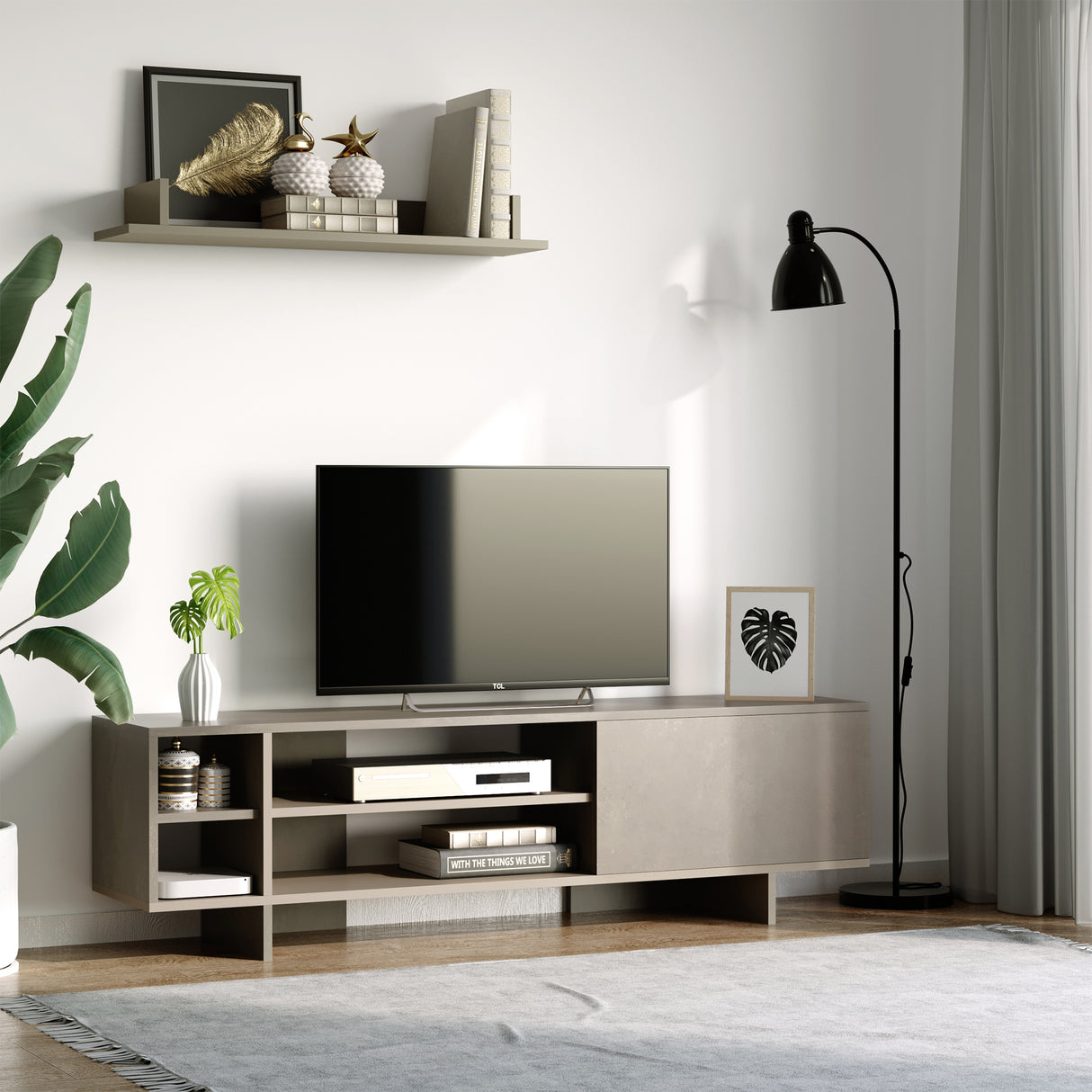easycomfort easycomfort set mobile porta tv con armadietto e mensola da appendere in legno 160x35 6x44cm grigio