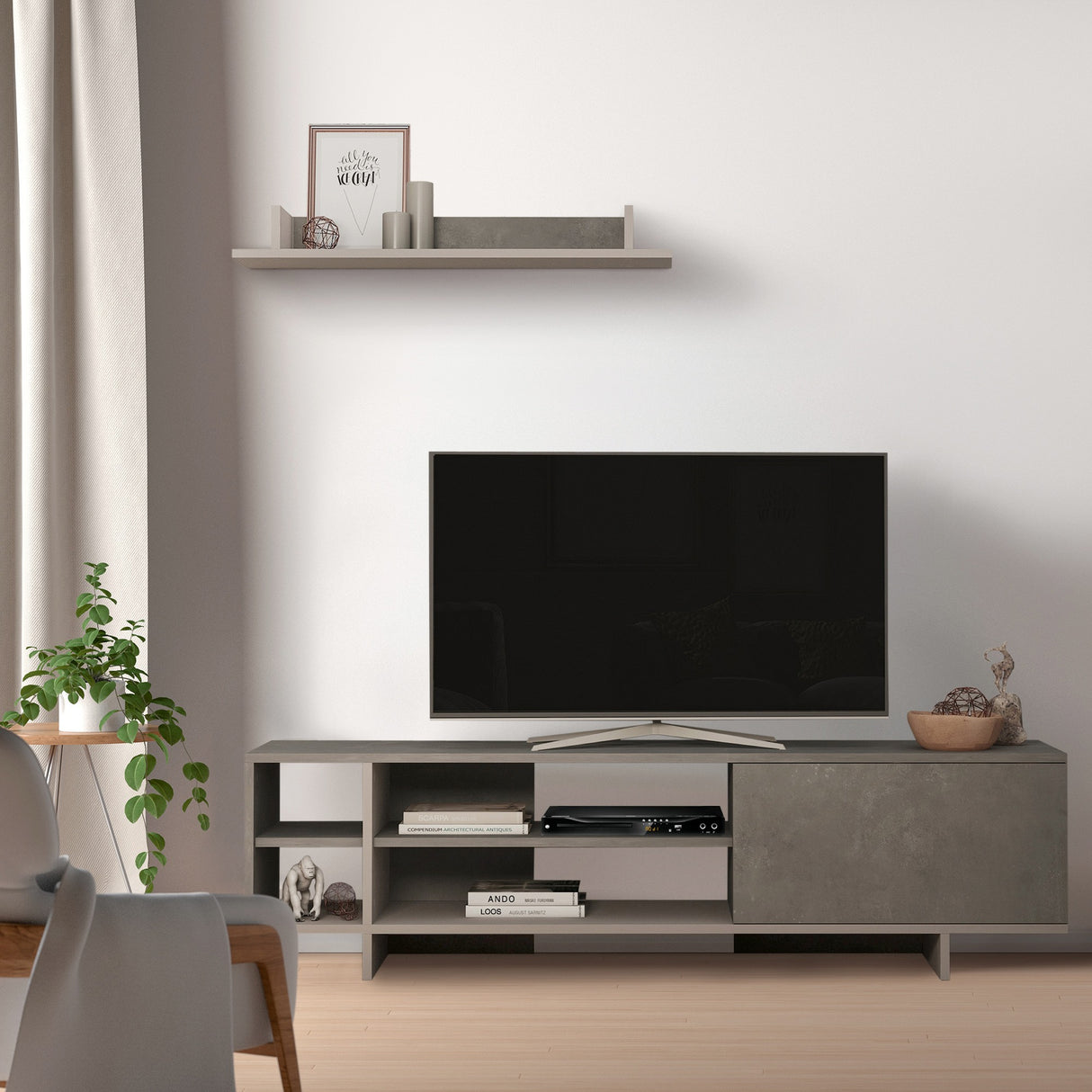 easycomfort easycomfort set mobile porta tv con armadietto e mensola da appendere in legno 160x35 6x44cm grigio