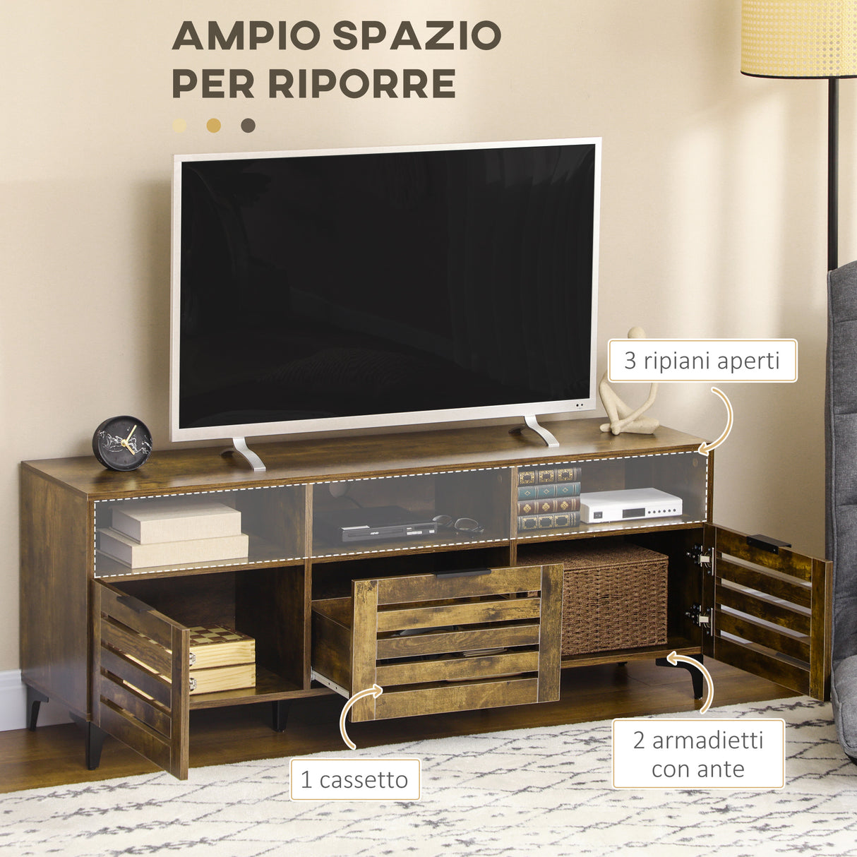 easycomfort easycomfort mobile tv 65 max con 3 cassetti 2 armadietti e foro passacavi in truciolato 140 4x36x55 cm marrone