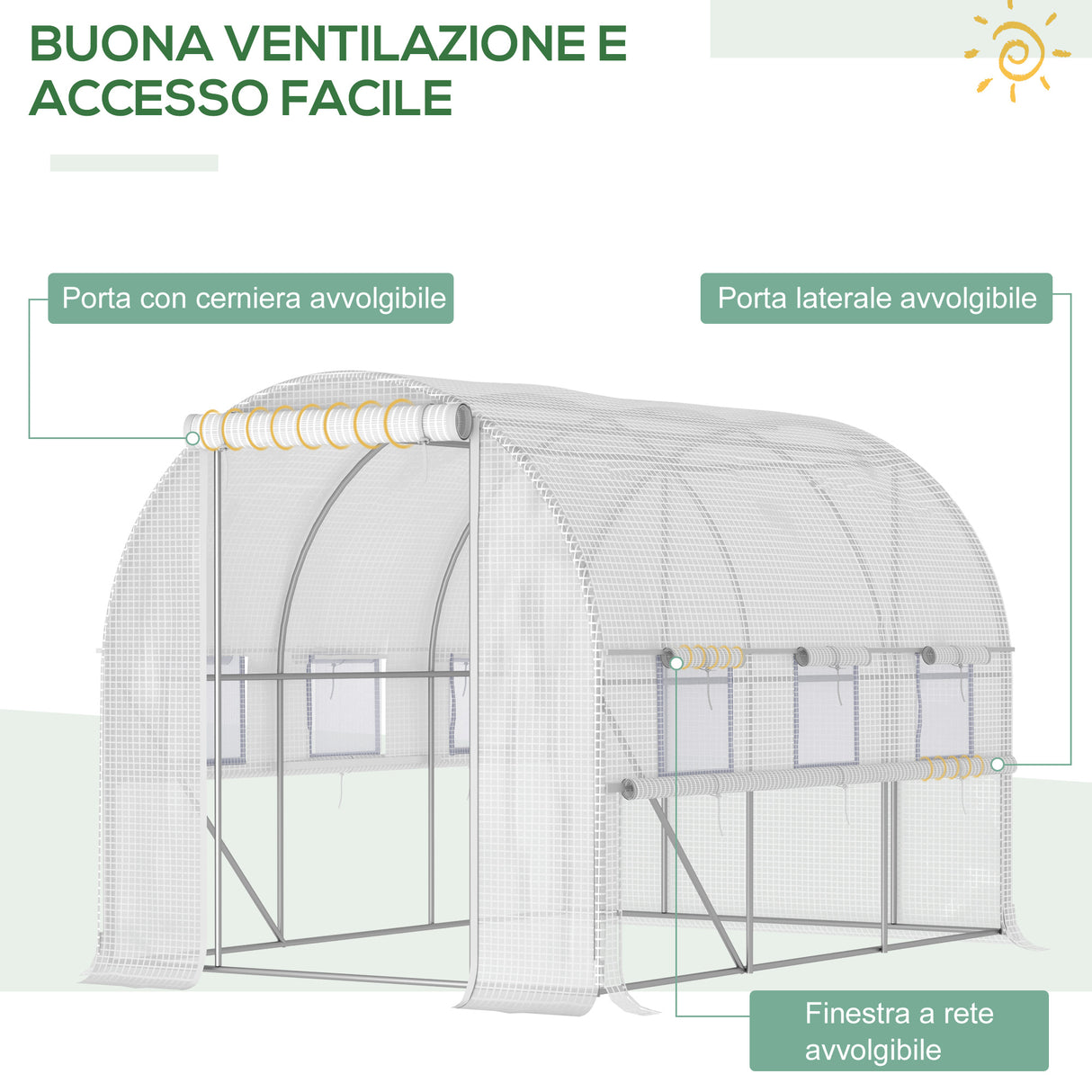 easycomfort serra per orto 3x2x2m in acciaio e copertura pe porte con zip e finestre a rete bianca