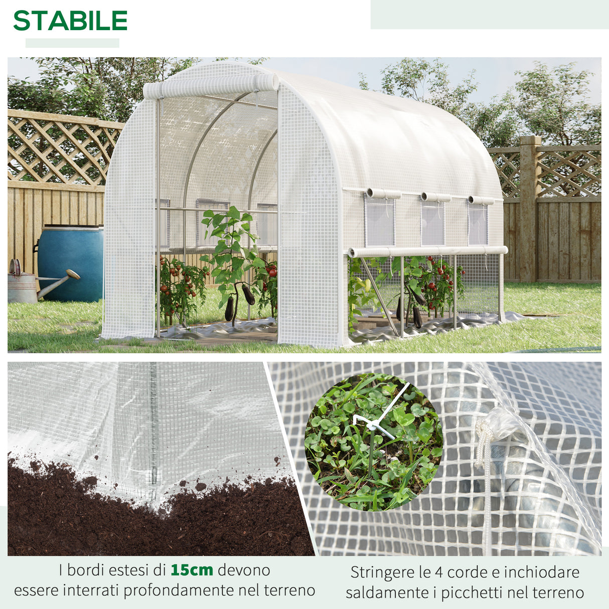 easycomfort serra per orto 3x2x2m in acciaio e copertura pe porte con zip e finestre a rete bianca