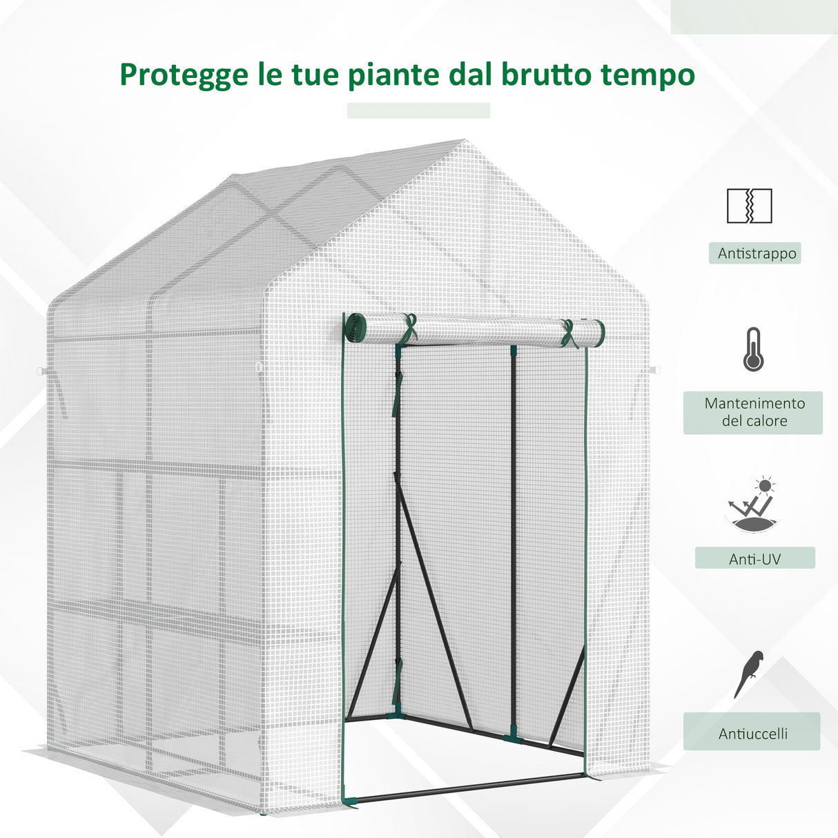 easycomfort serra da giardino per esterni in acciaio e pe con 2 scaffali e porta avvolgibile 143x143x195 cm bianco
