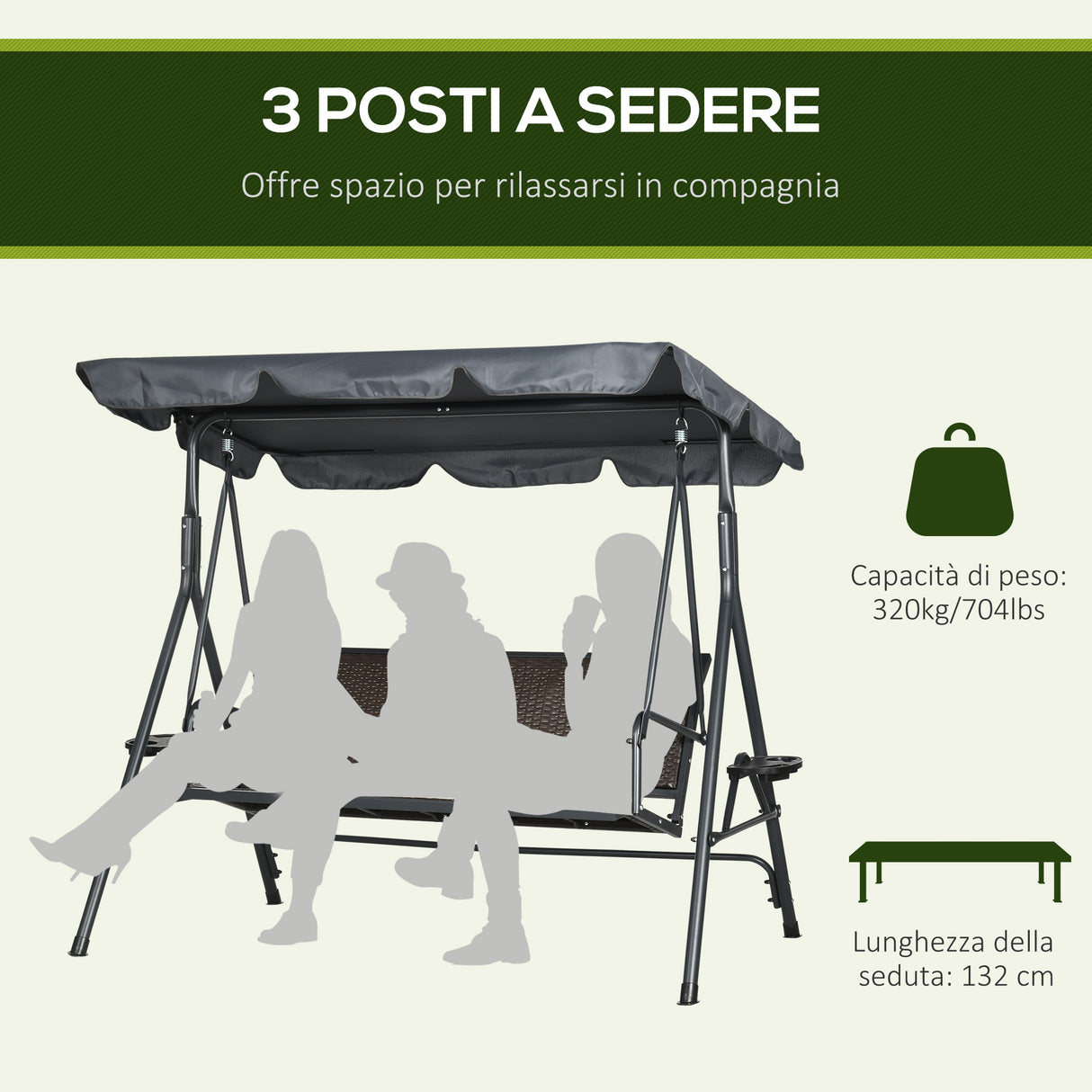 easycomfort dondolo da giardino 3 posti in rattan pe e acciaio con tettuccio regolabile e portabicchieri 204x112x150 cm