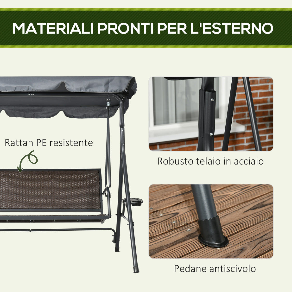 easycomfort dondolo da giardino 3 posti in rattan pe e acciaio con tettuccio regolabile e portabicchieri 204x112x150 cm