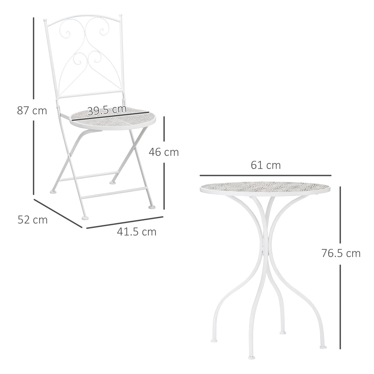 easycomfort set da giardino 3 pezzi con 2 sedie pieghevoli e 1 tavolino a mosaico bianco