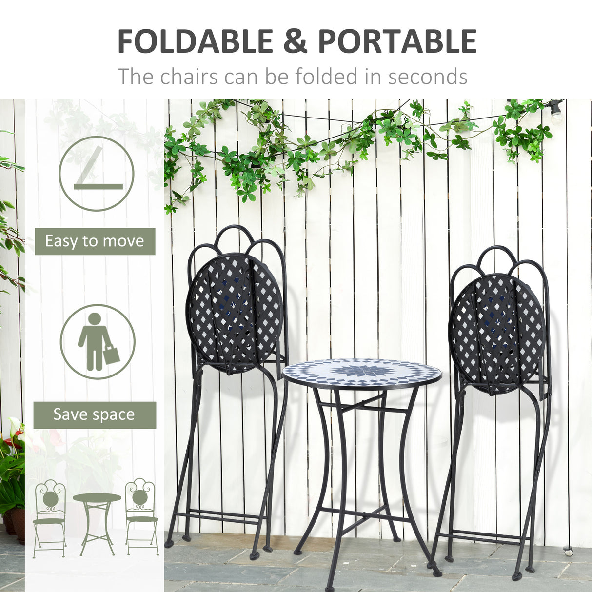 easycomfort set da giardino 3 pezzi con 2 sedie pieghevoli e 1 tavolino rotondo a mosaico