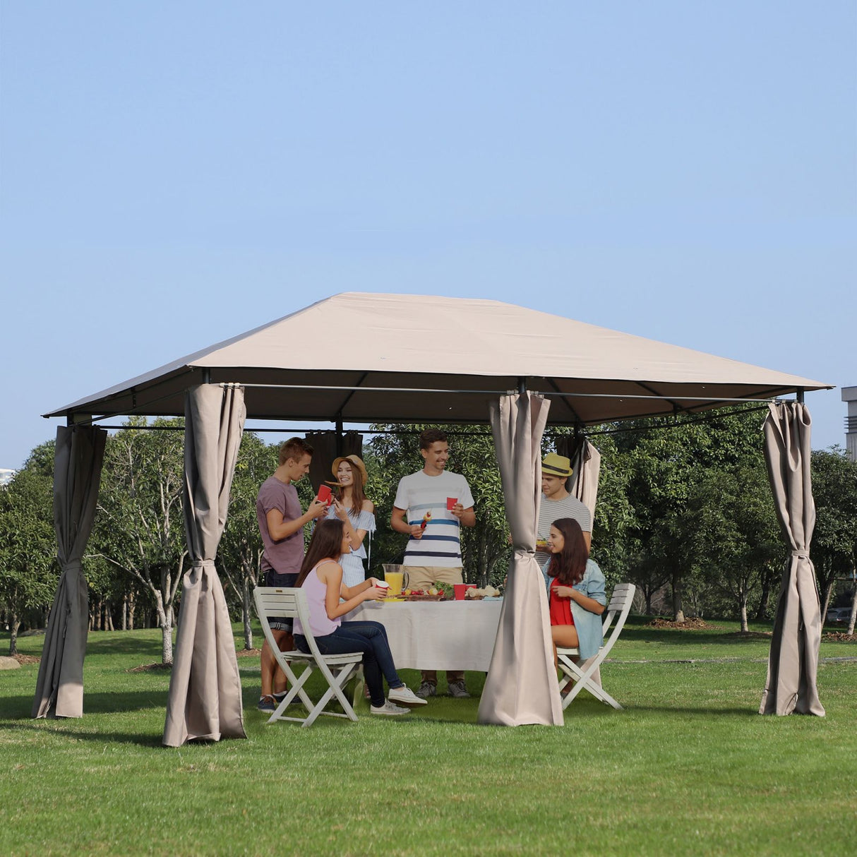 easycomfort easycomfort gazebo da giardinotelo in poliestere 6 pareti rimovibili 12 paletti struttura in metallo beige 400 x 300 x 264 cm