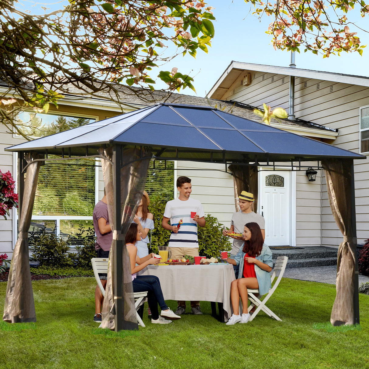 easycomfort gazebo da giardino con zanzariera 3.6x3m tetto policarbonato marrone