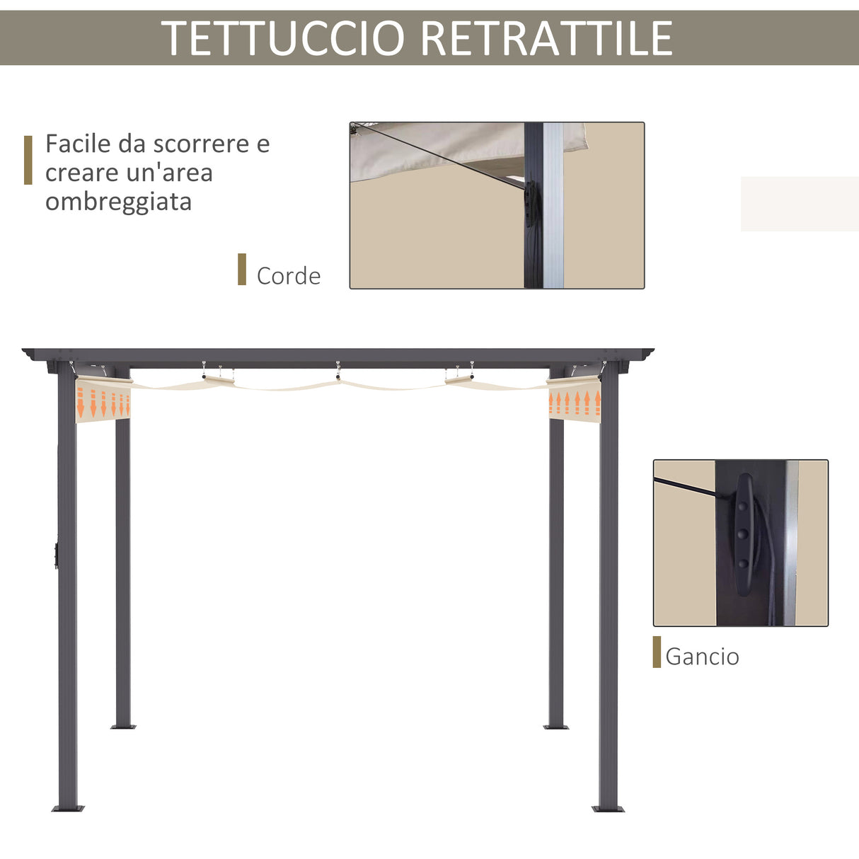 easycomfort gazebo pergola da giardino 3x3m con tenda retrattile in alluminio e poliestere bianco crema