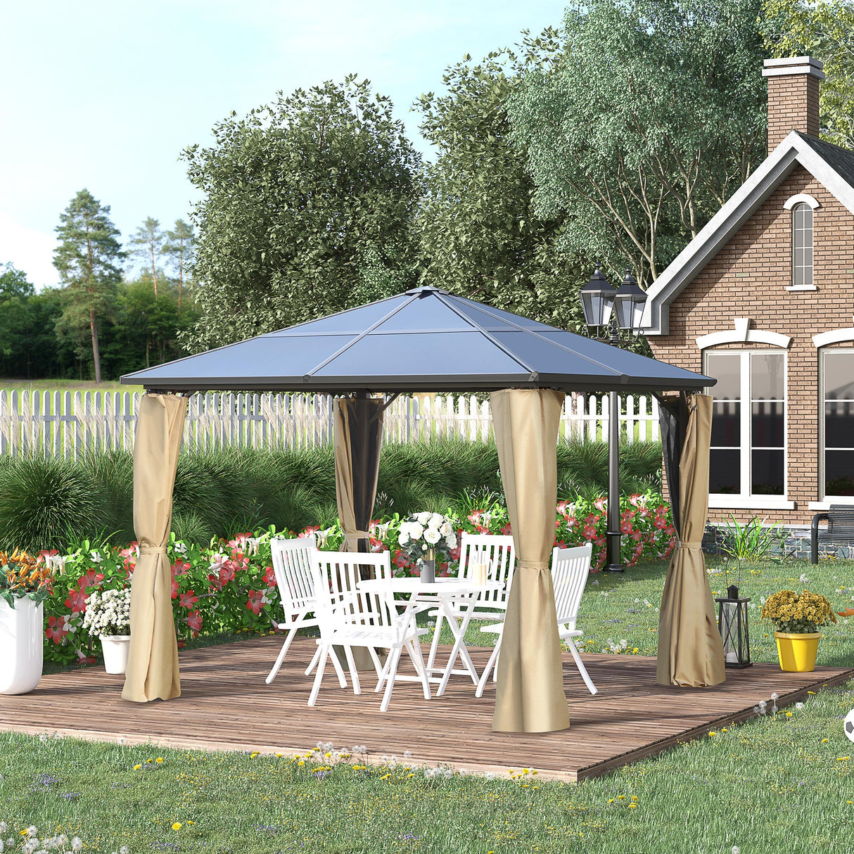 easycomfort gazebo da giardino 3x3m con tetto in policarbonato e zanzariere caffe e khaki