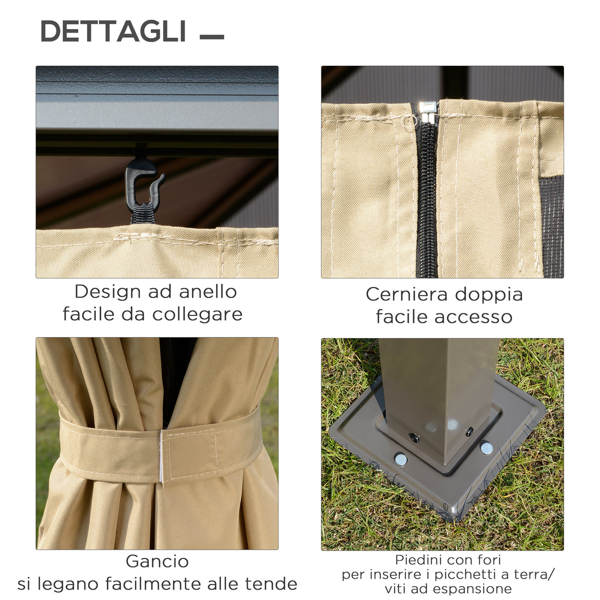 easycomfort gazebo da giardino 3x3m con tetto in policarbonato e zanzariere caffe e khaki